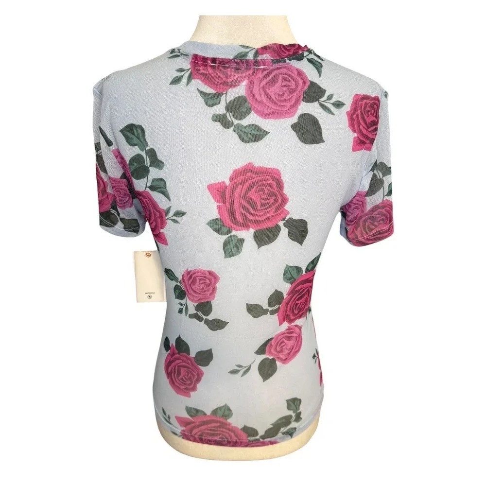 Good American Mesh Baby Tee‎ Vintage Rose Floral Sheer Top Blue Pink Medium NWT